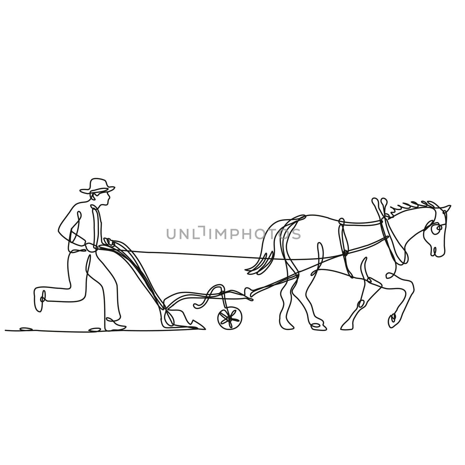 Continuous line drawing illustration of an organic farmer and horse plowing field side view done in mono line or doodle style in black and white on isolated background. 
