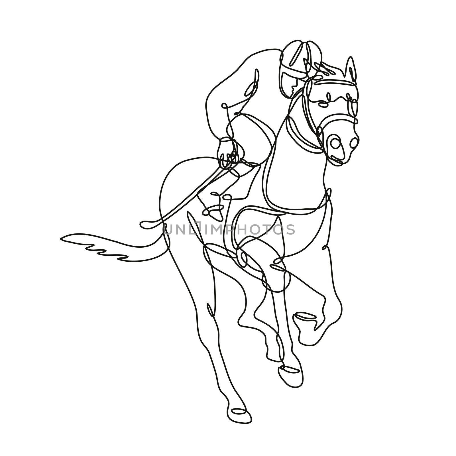 Continuous line drawing illustration of a jockey and horse racing front view inside circle done in mono line or doodle style in black and white on isolated background. 