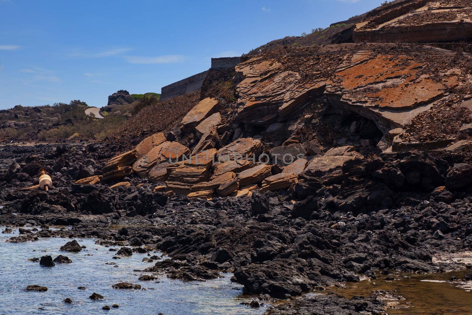 View of the lava beach of Linosa Called Mannarazza, Sicily. Italy