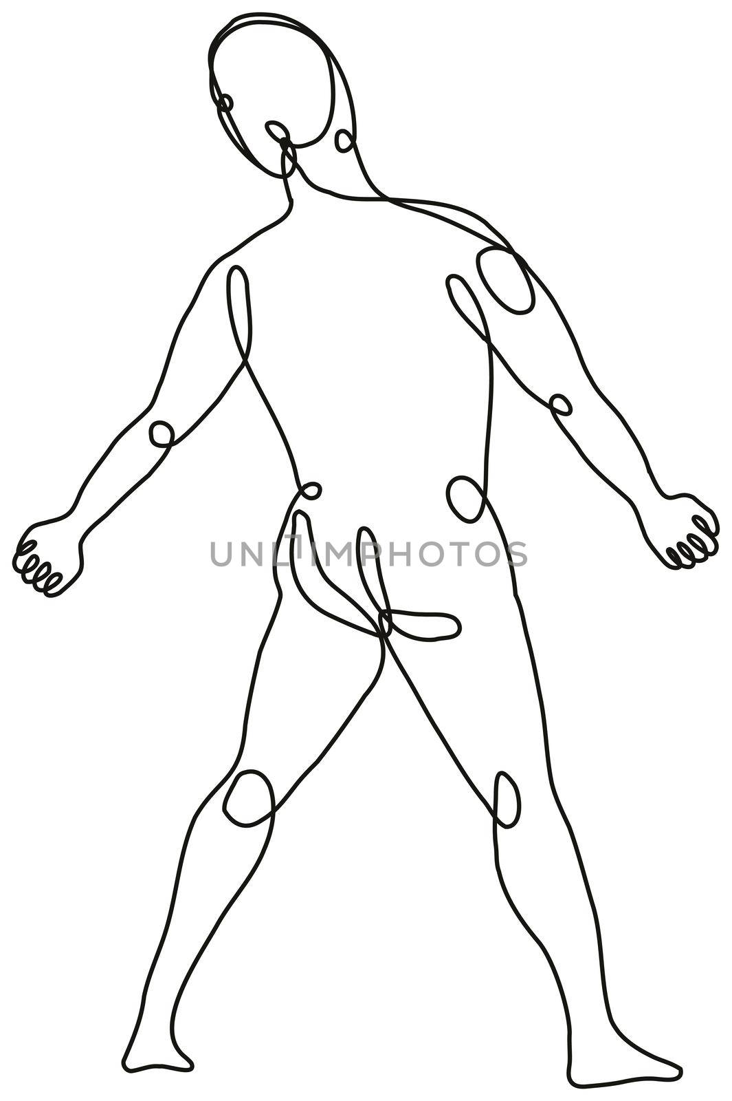 Continuous line drawing illustration of a nude male human figure standing Arms on Side viewed from rear done in mono line or doodle style in black and white on isolated background. 