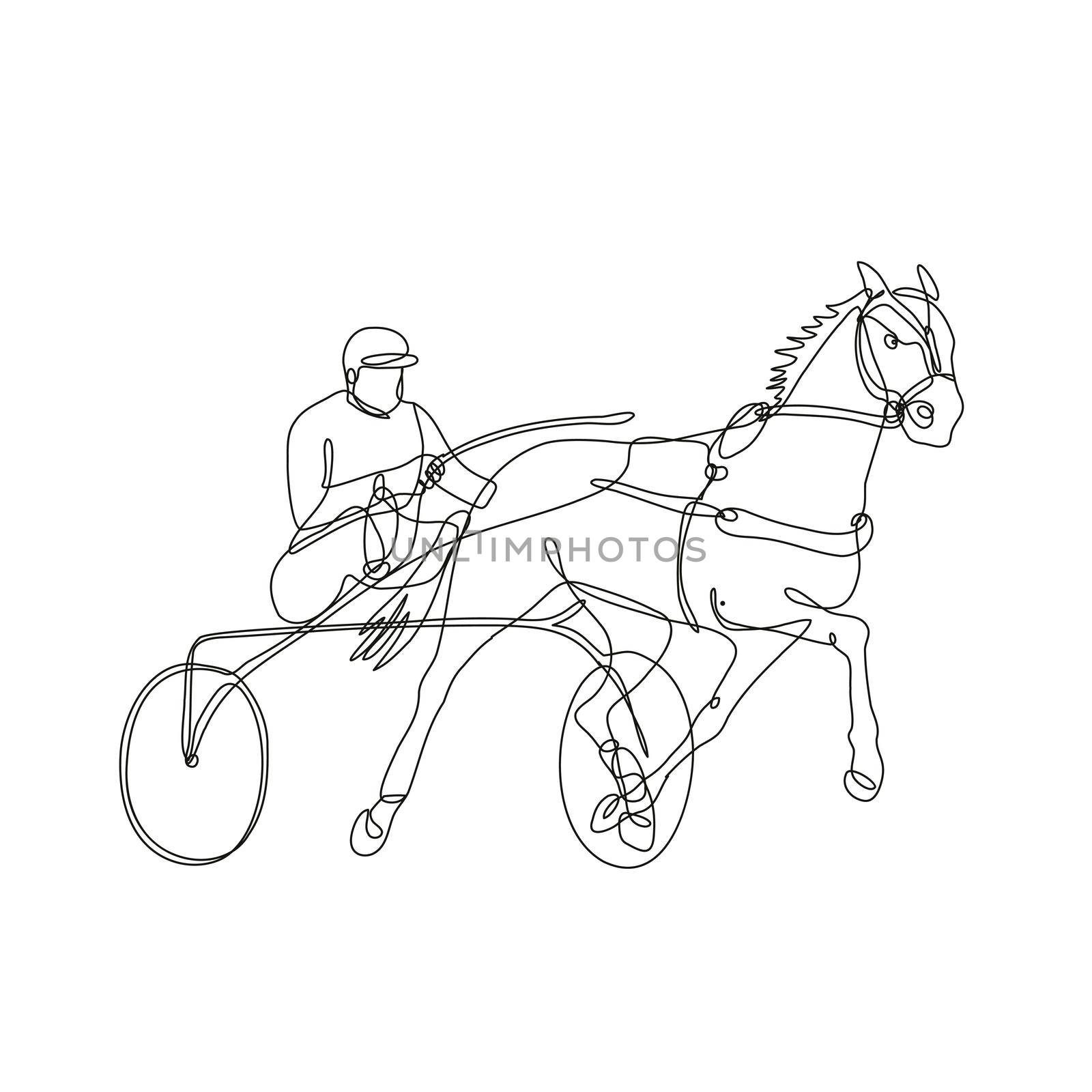 Continuous line drawing illustration of a jockey and horse harness racing side view inside circle done in mono line or doodle style in black and white on isolated background. 