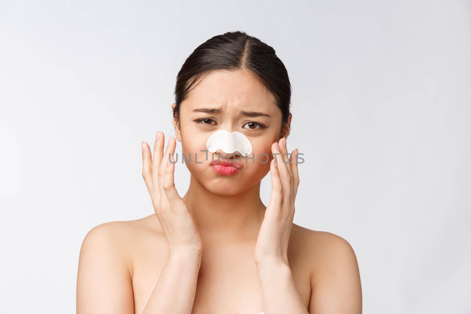 Cosmetology. Portrait Of Beautiful Female Asian Model With Mask On Nose. Closeup Of Healthy Young Woman With Pure Soft Skin And Fresh Natural Makeup