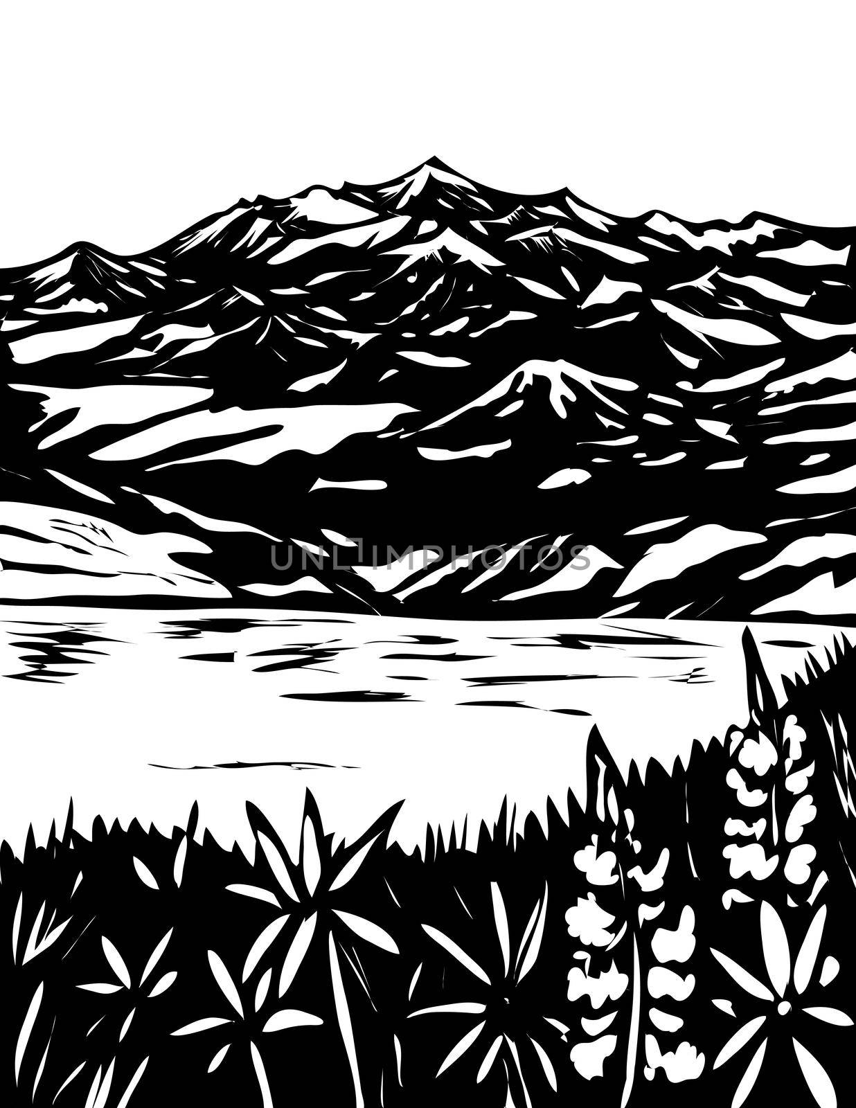 WPA poster monochrome art of the Wrangell and St Elias National Park in south central Alaska USA done in works project administration black and white style.