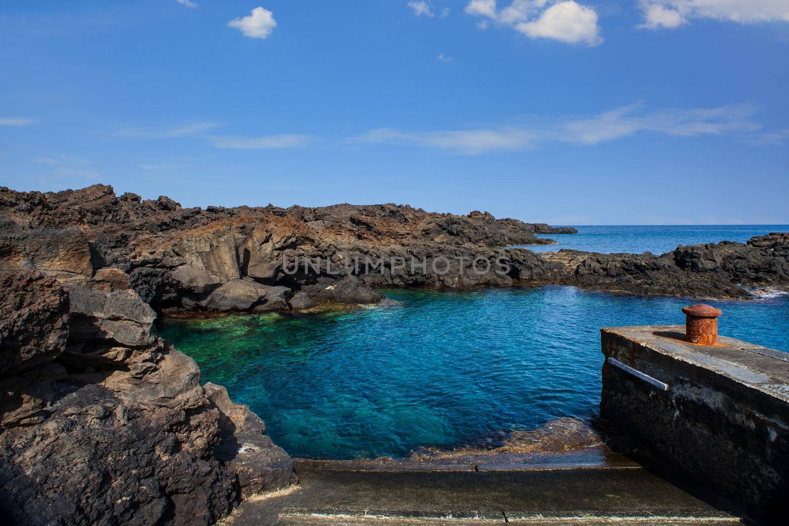 View of the lava beach of Linosa Called Mannarazza, Sicily. Italy