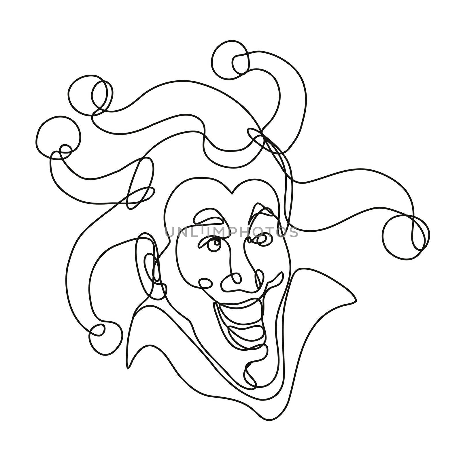 Continuous line drawing illustration of a medieval court jester head front view done in mono line or doodle style in black and white on isolated background. 