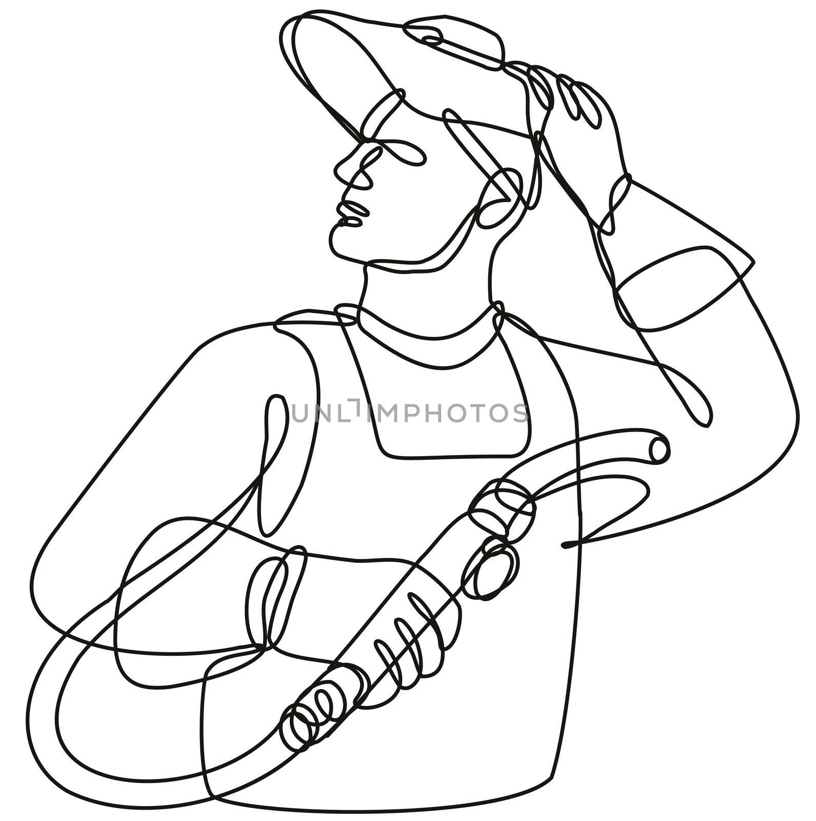 Continuous line drawing illustration of a welder with visor holding welding torch done in mono line or doodle style in black and white on isolated background. 