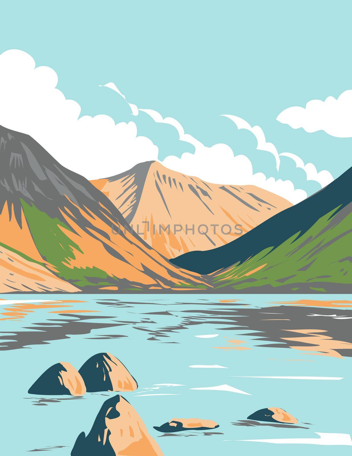 Art Deco or WPA poster of Wasdale Head and Wast Water in the Lake District National Park in Cumbria, England, UK done in works project administration style.