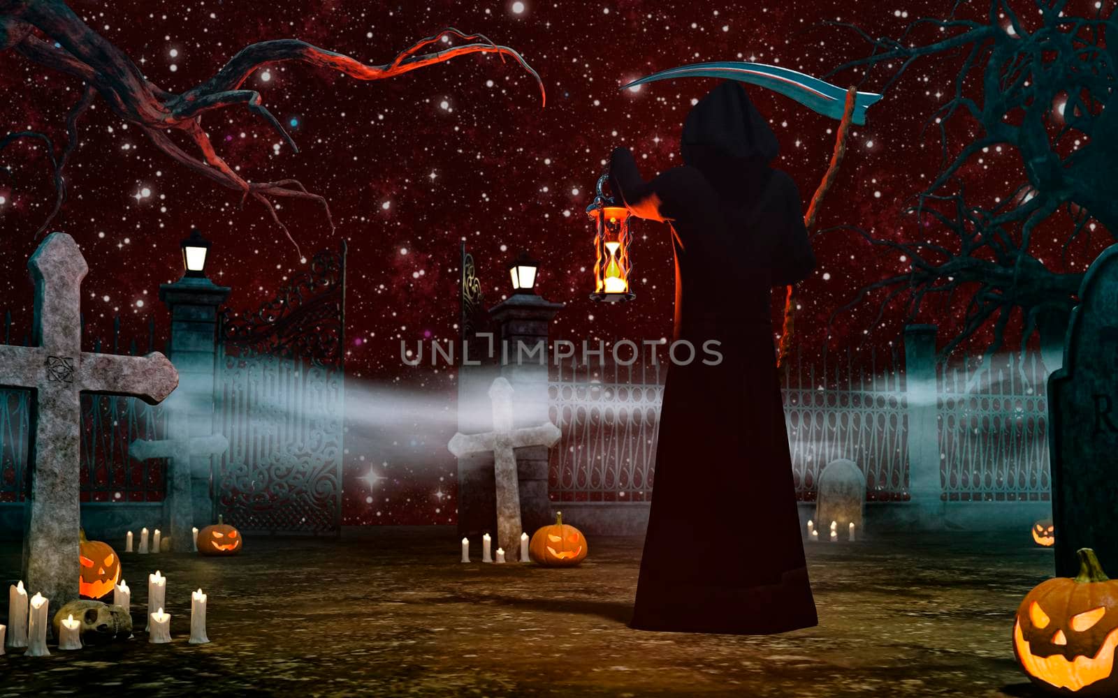 An angel of death in the graveyard with a scythe in the night background - 3d rendering