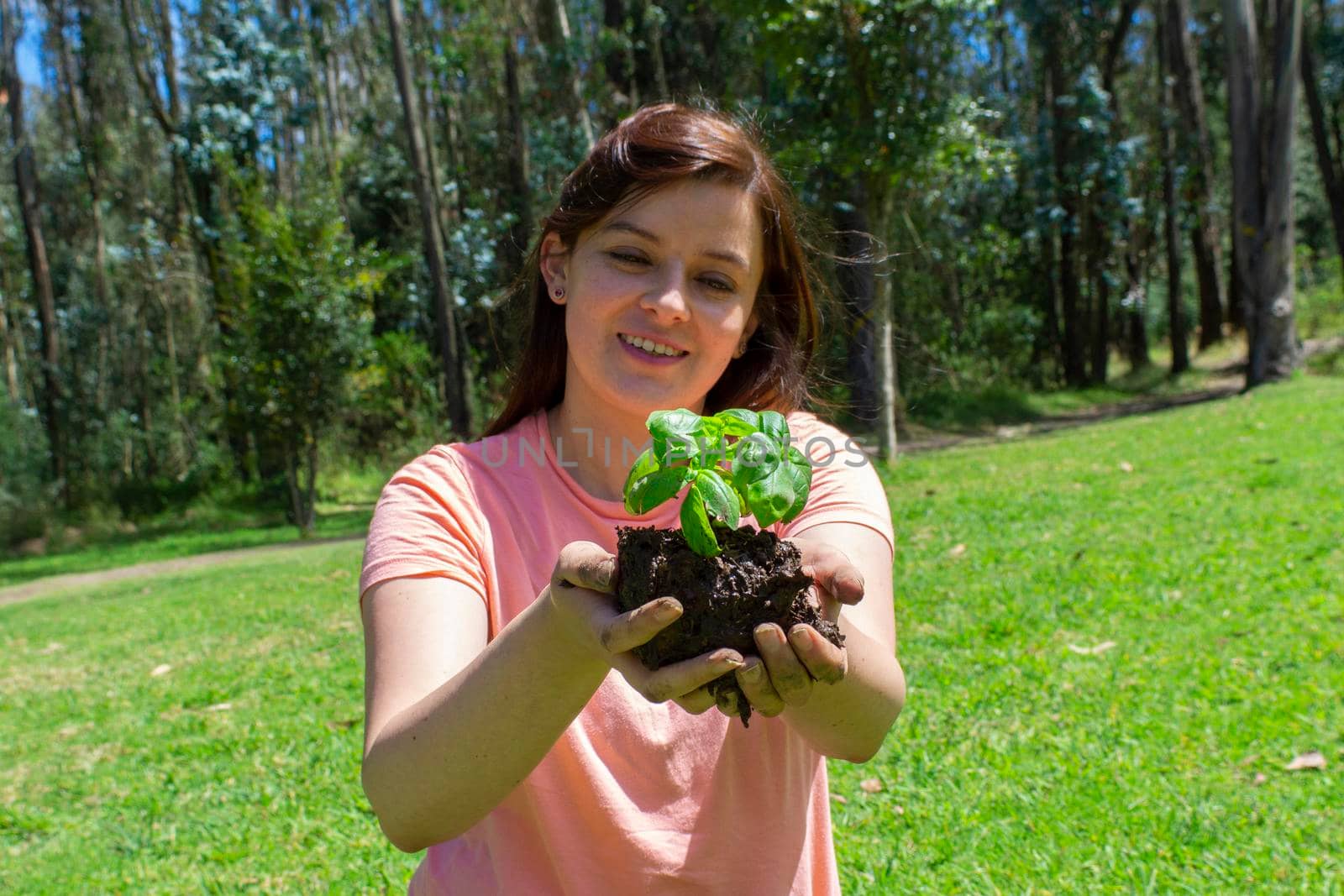 Beautiful young Hispanic woman holding a small plant in her field hands before being planted in a green field surrounded by trees by alejomiranda