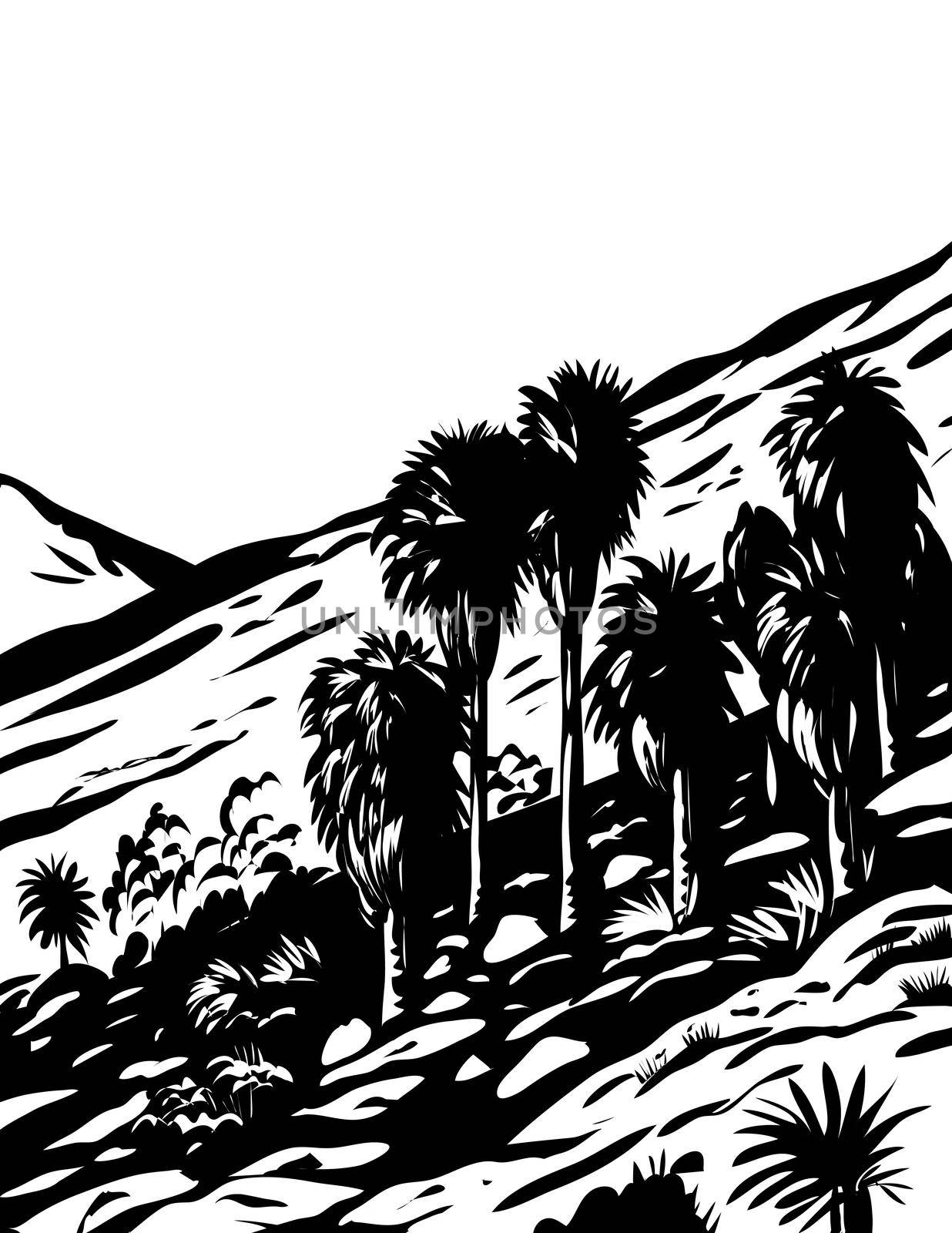 WPA woodcut poster art of Fortynine Palms Oasis Trail on the north end of Joshua Tree National Park, California USA done in works project administration black and white style.