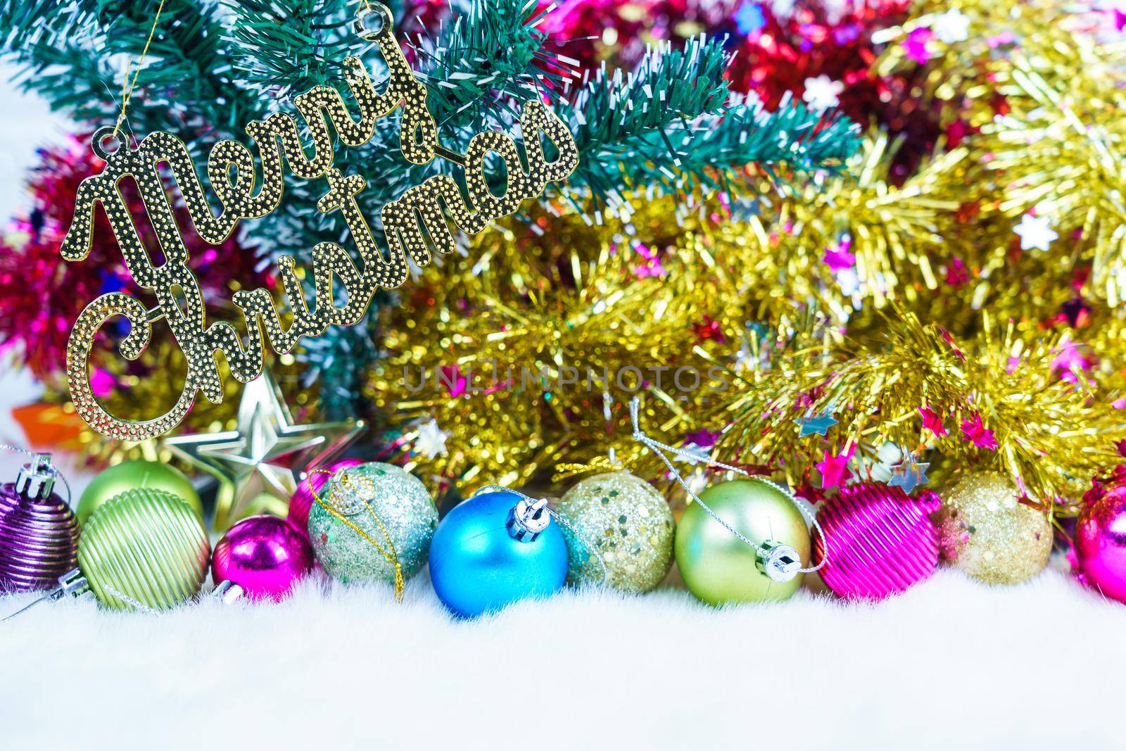 Merry Christmas composition with decorations on white background