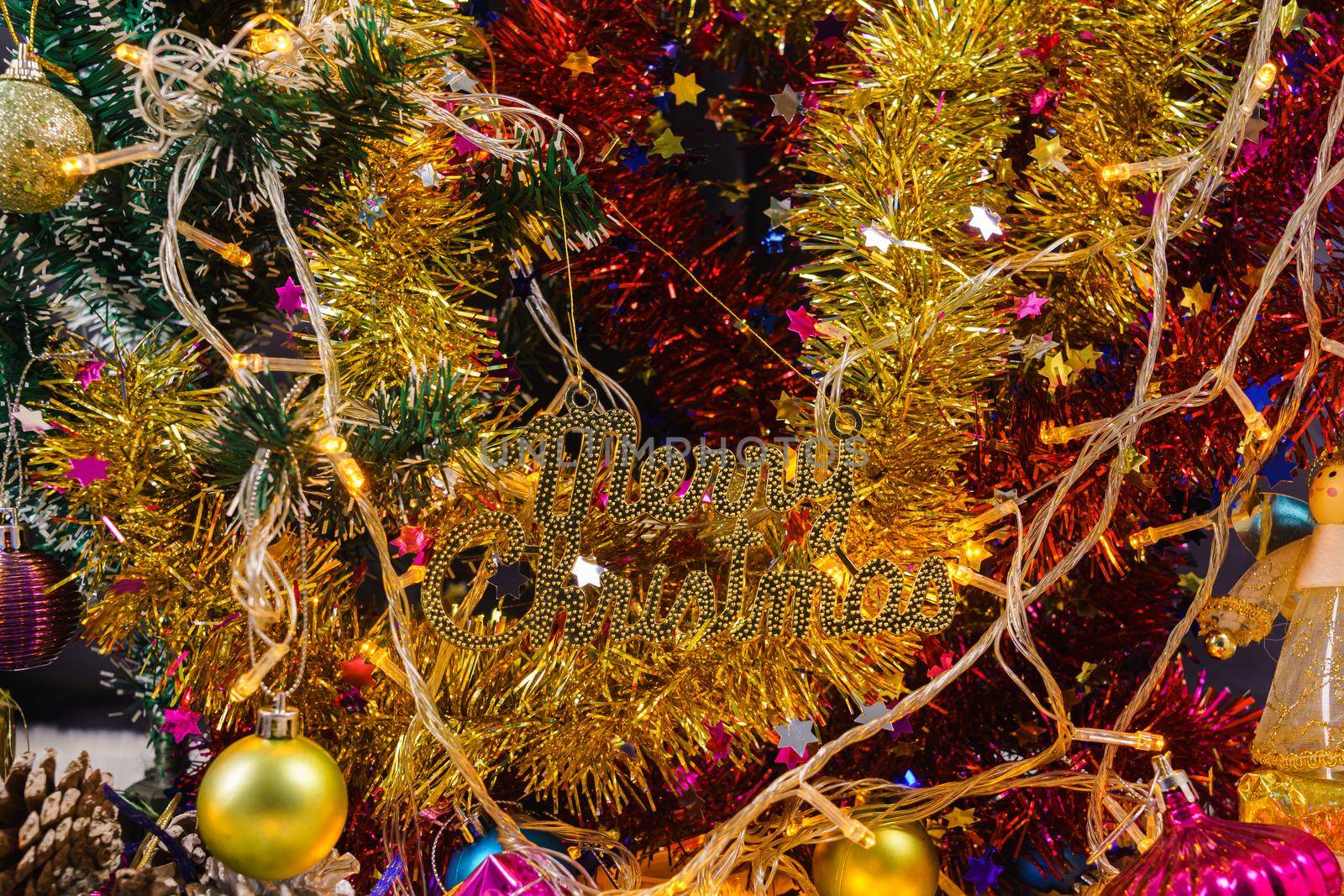 Close up Christmas ornaments and decorations with lights