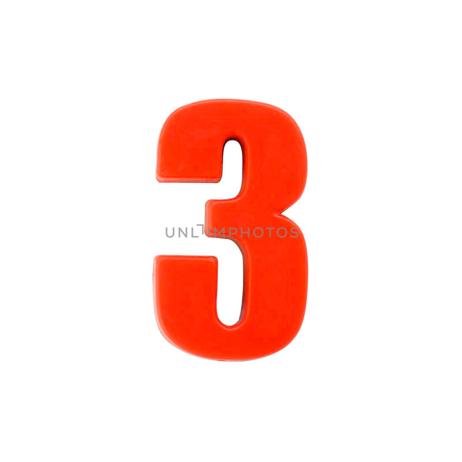Shot of a number three made of red plastic with clipping path