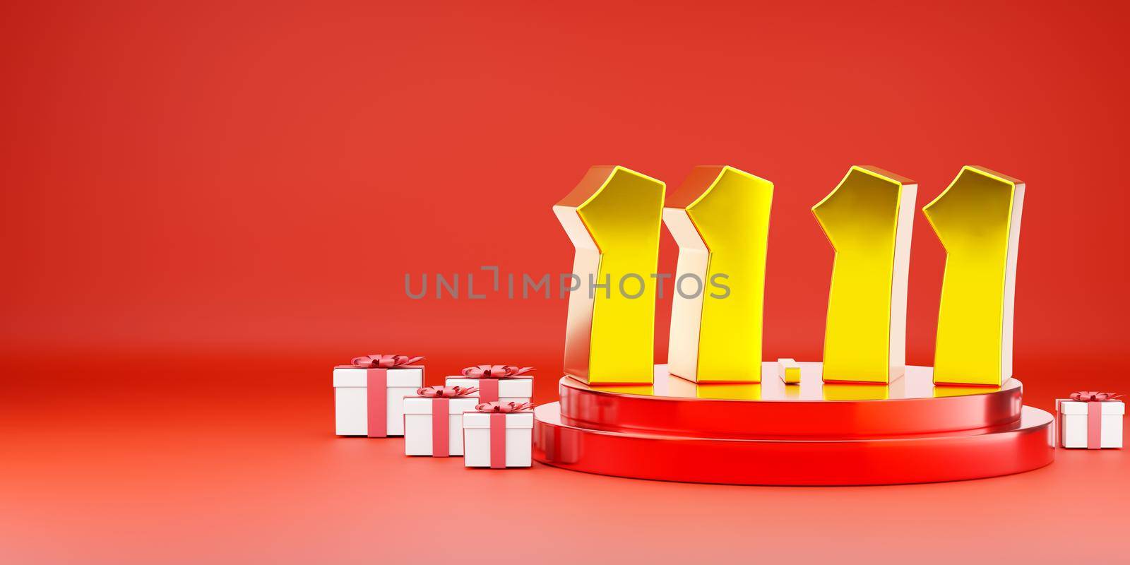 11.11 Single day sale. Banner 11 number on podium scene with gift box on red background, banner template design for social media and website, Sale promotion super shopping day concept, 3D illustration