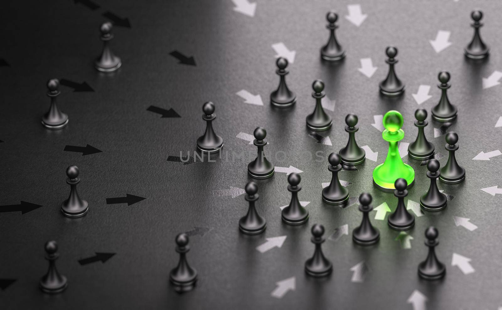 3D illustration of many pawns attracted by a green one. Concept of aura of attraction and charismatic person.