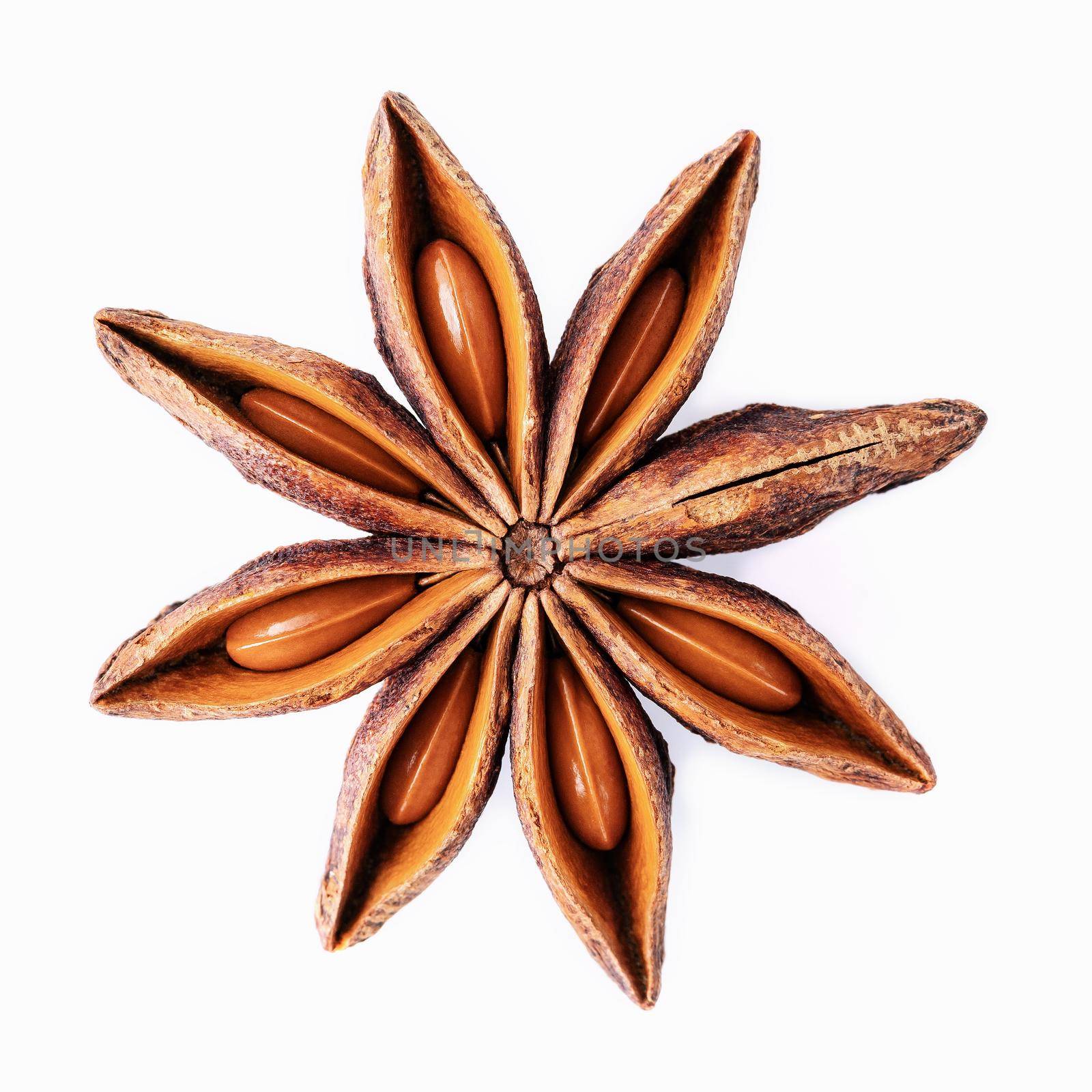 Single Chinese star anise isolated on white background.