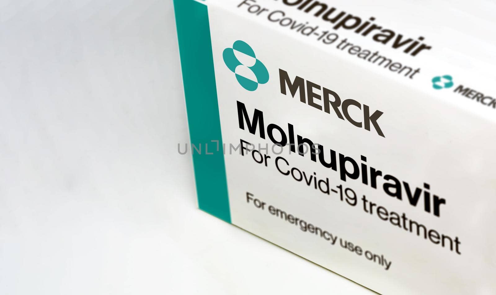 New York, USA, October 2021: Merck Covid-19 Molnupiravir treatment box isolated on a white background. Health and prevention.