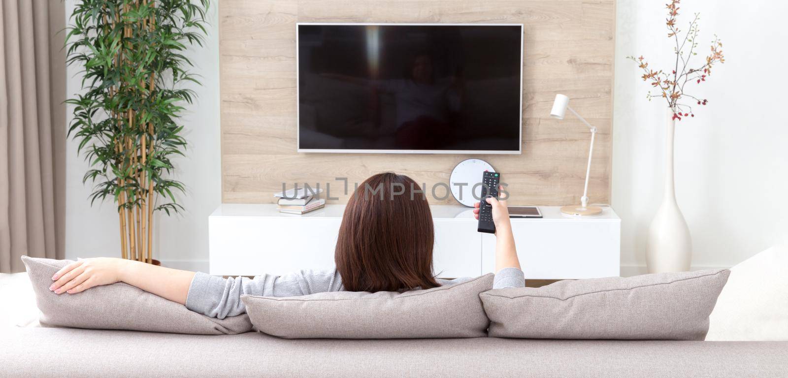 Young woman watching TV in the living room. Back view