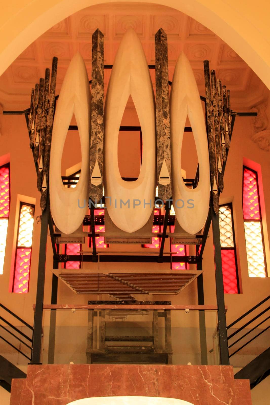 Novelda, Alicante, Spain- September 24, 2021: Ceiling and pipe organ music instrument of Sanctuary of Santa Maria Magdalena in Novelda