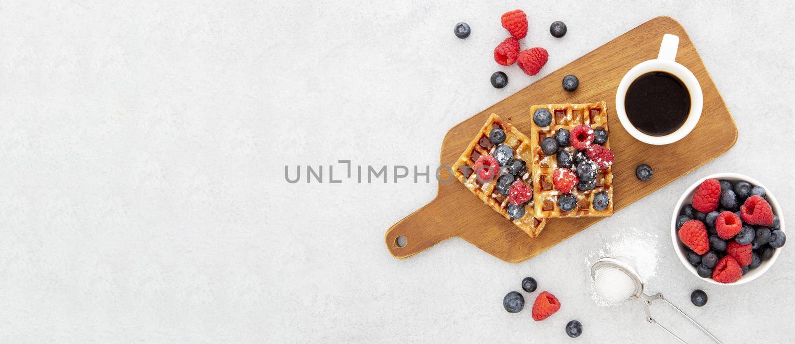 top view delicious sweet waffles coffee wooden board. Resolution and high quality beautiful photo