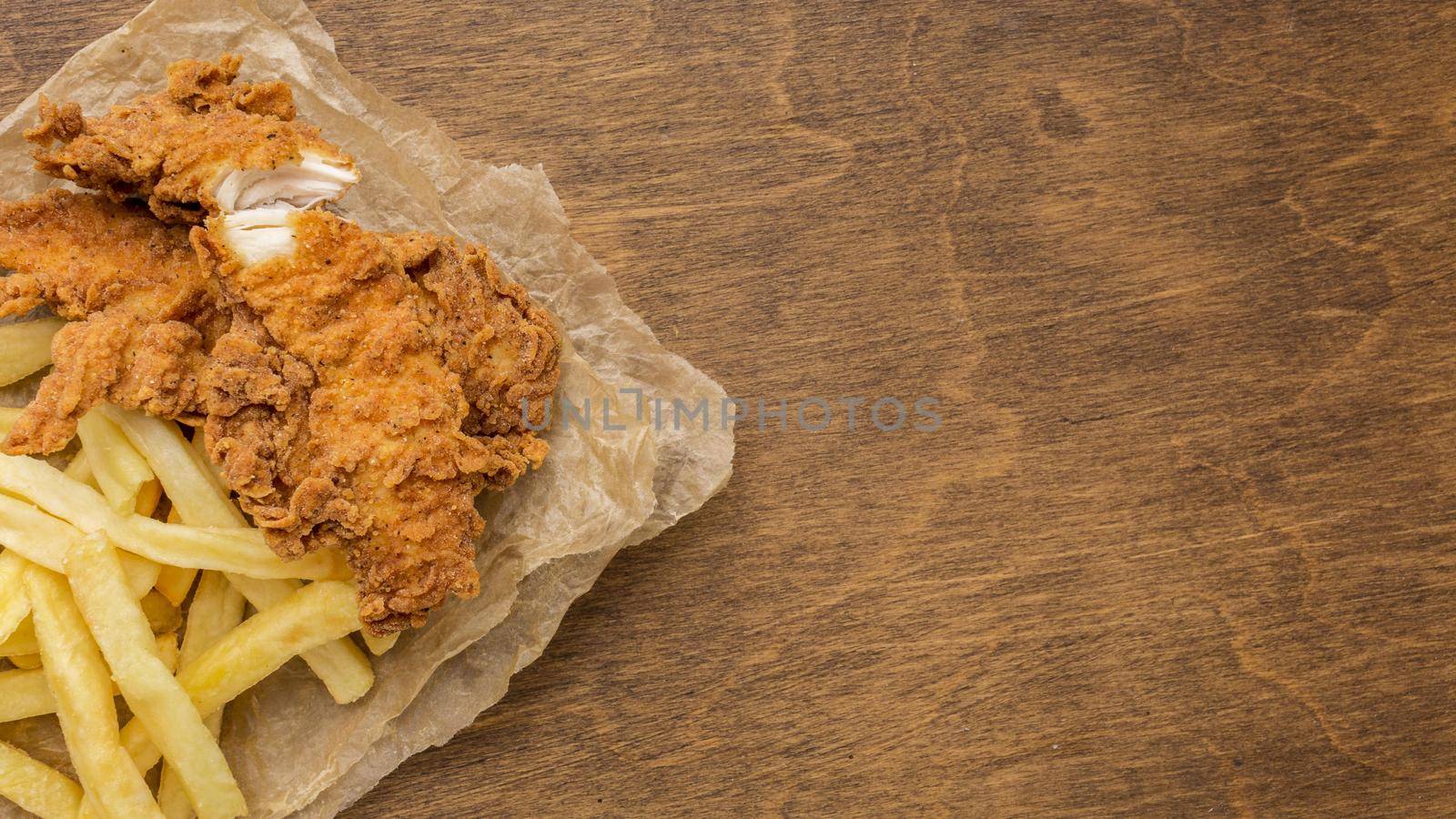 top view fried chicken fries with copy space. High quality beautiful photo concept by Zahard