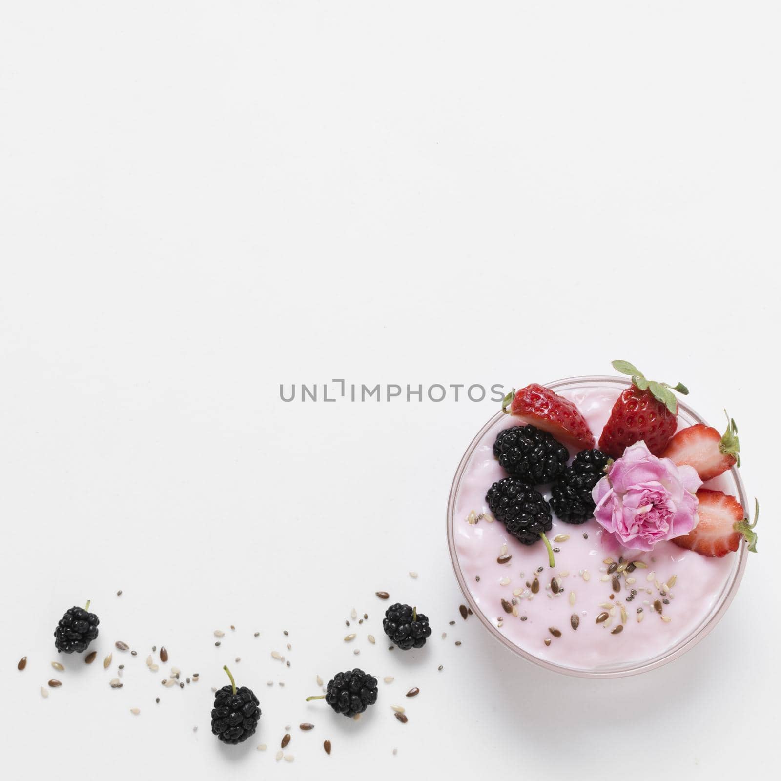 flat lay fruit yoghurt with rose. High quality beautiful photo concept by Zahard