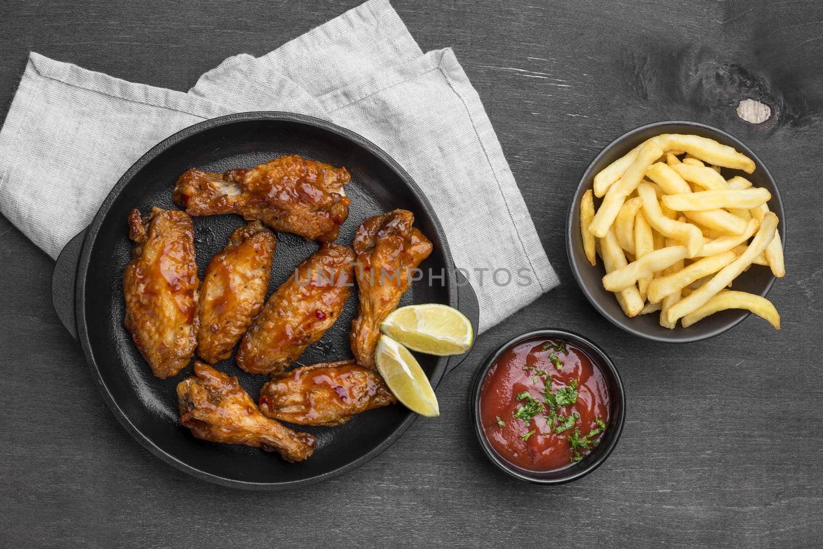 top view fried chicken with sauce french fries. High quality beautiful photo concept by Zahard