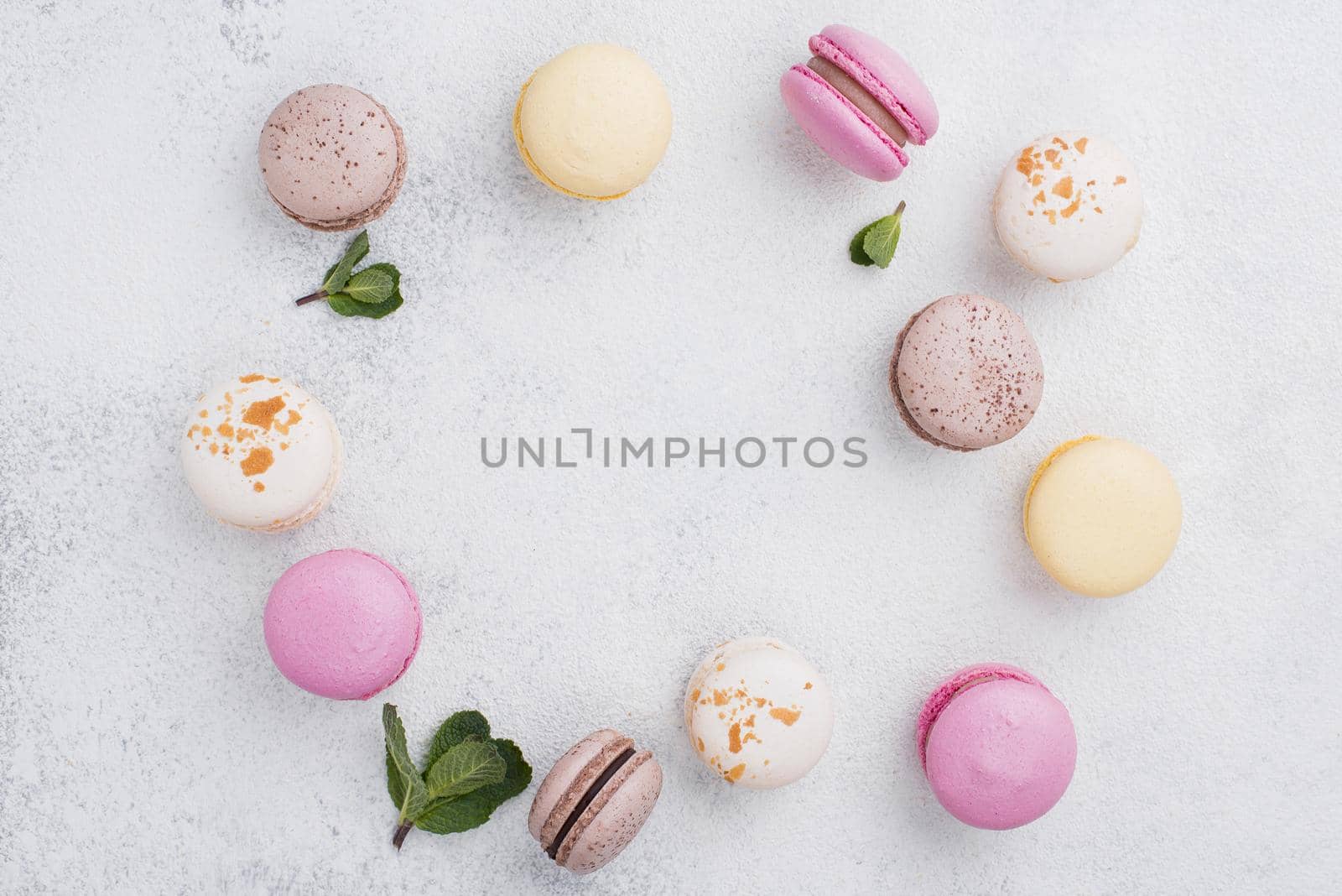 top view assortment macarons with mint. Resolution and high quality beautiful photo