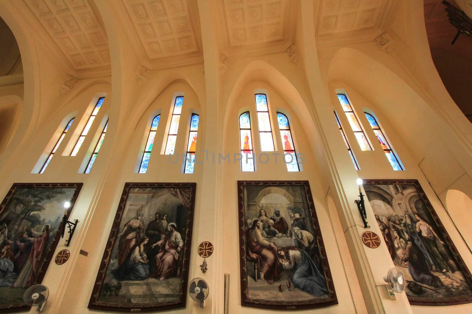 Novelda, Alicante, Spain- September 24, 2021: Details, archs, tower and pictures of Sanctuary of Santa Maria Magdalena on the top of the mountain in Novelda, Alicante, Spain.