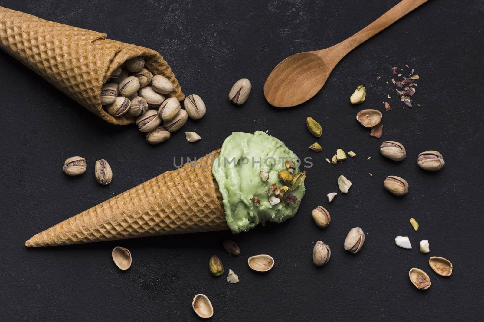 top view ice cream cones with pistachio. High quality beautiful photo concept by Zahard