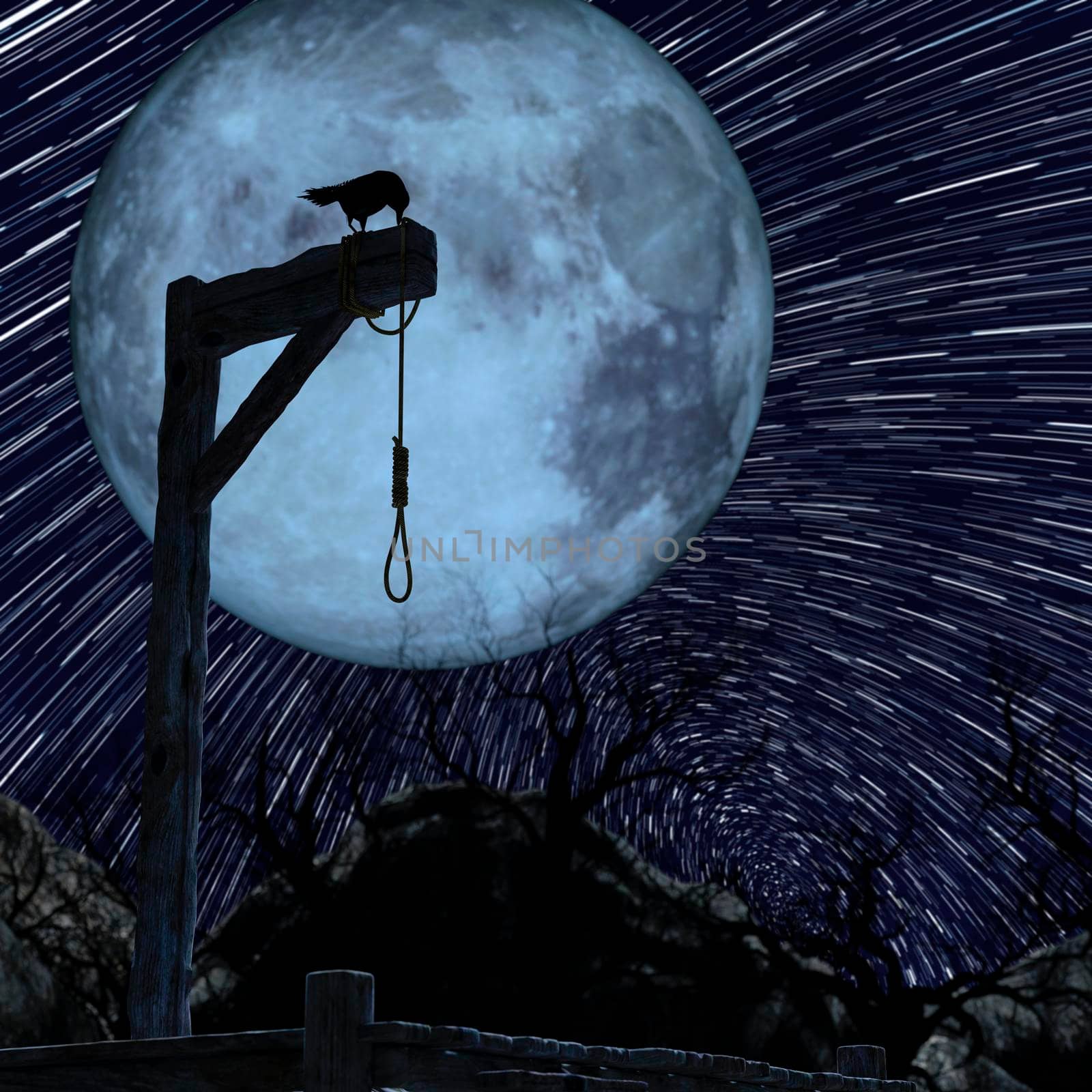 Gallow on a spooky night with a blue full moon. A crow sits on it - 3d rendering