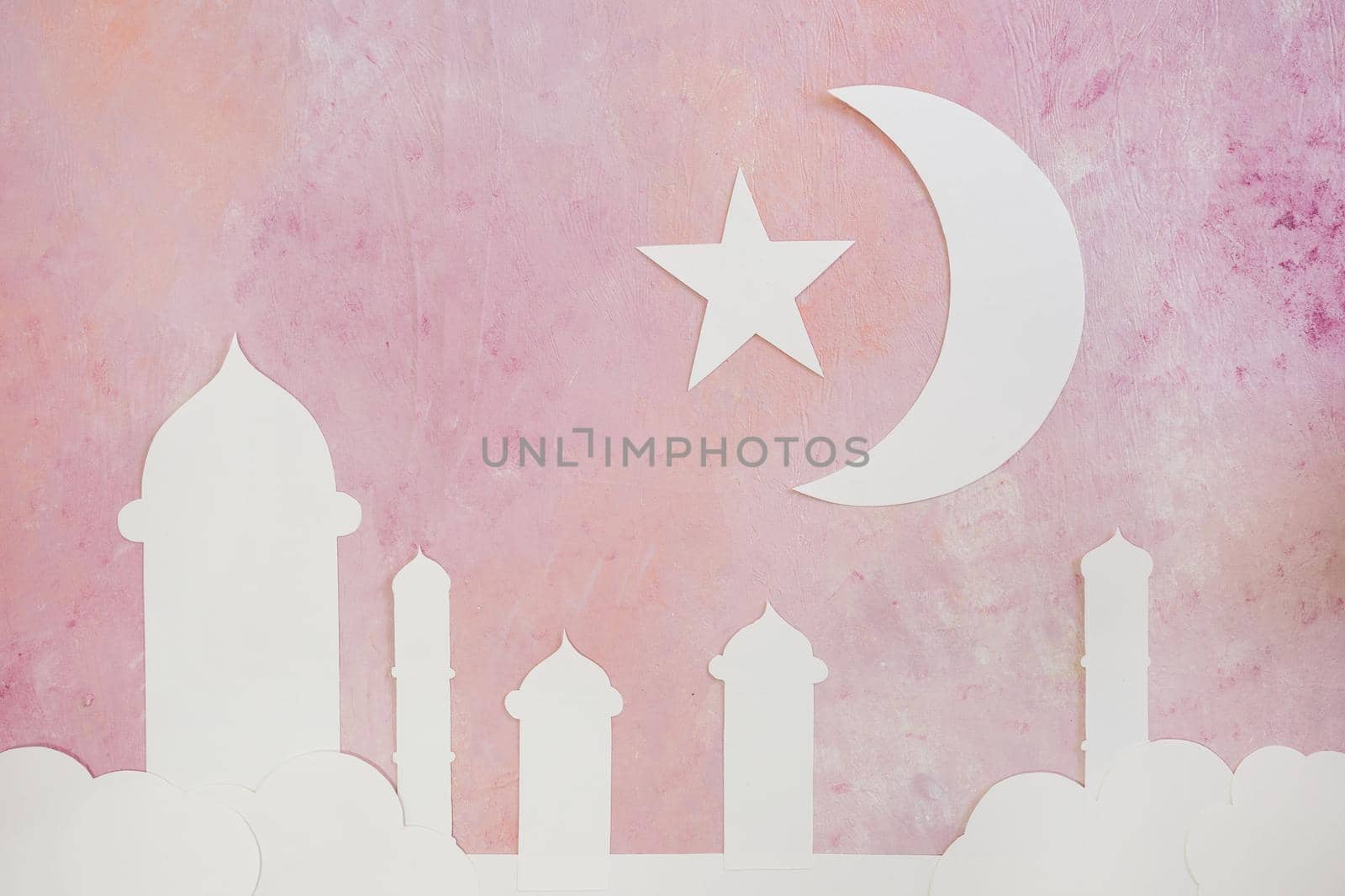 silhouette mosque towers crescent pink. High quality beautiful photo concept by Zahard