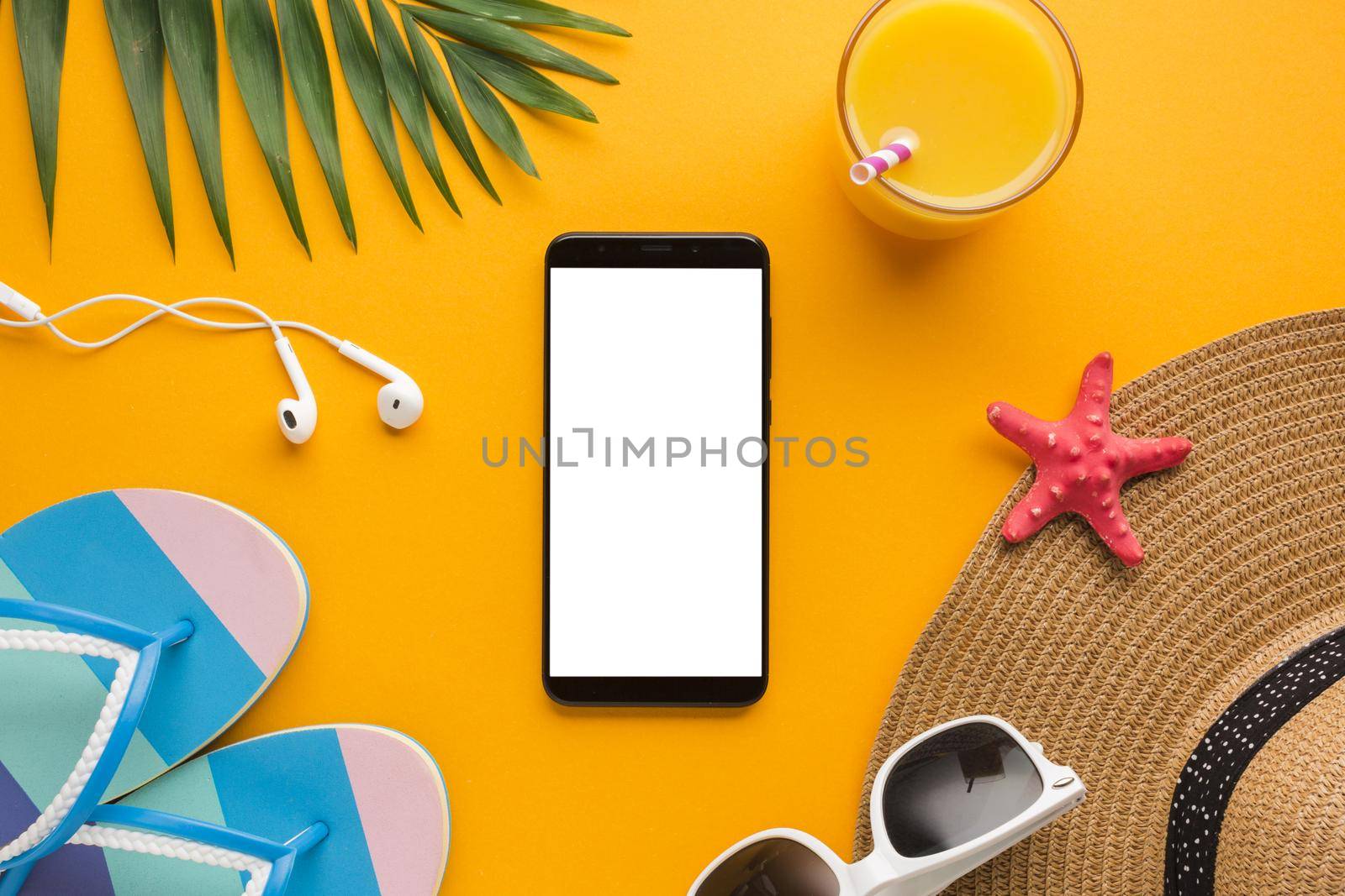 flat lay smartphone with vacation concept. High quality beautiful photo concept by Zahard