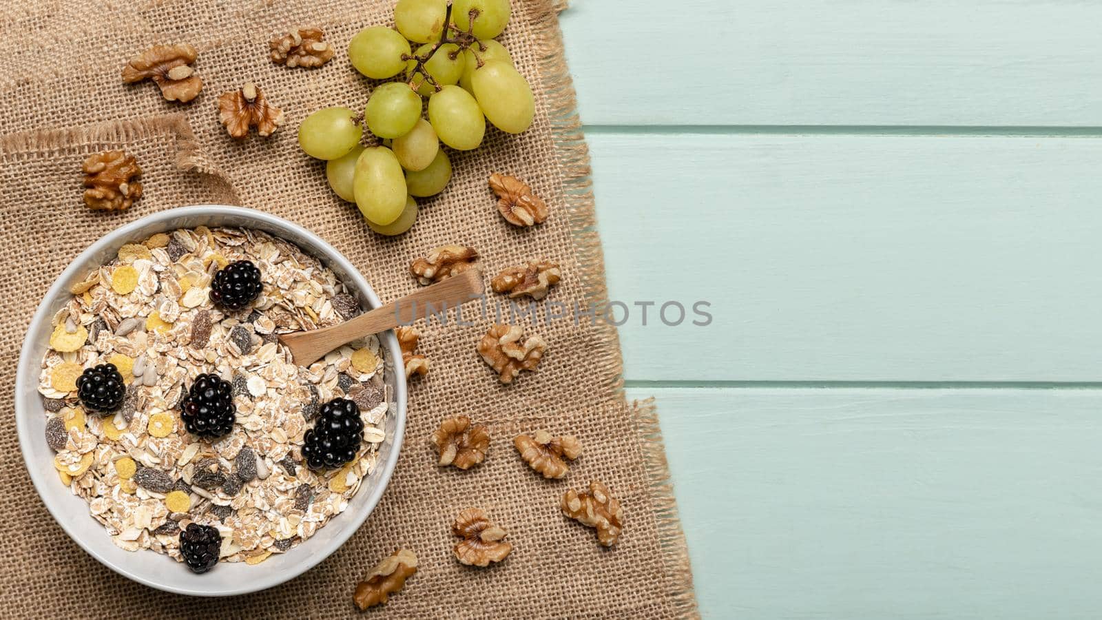 top view healthy breakfast table. High quality beautiful photo concept by Zahard