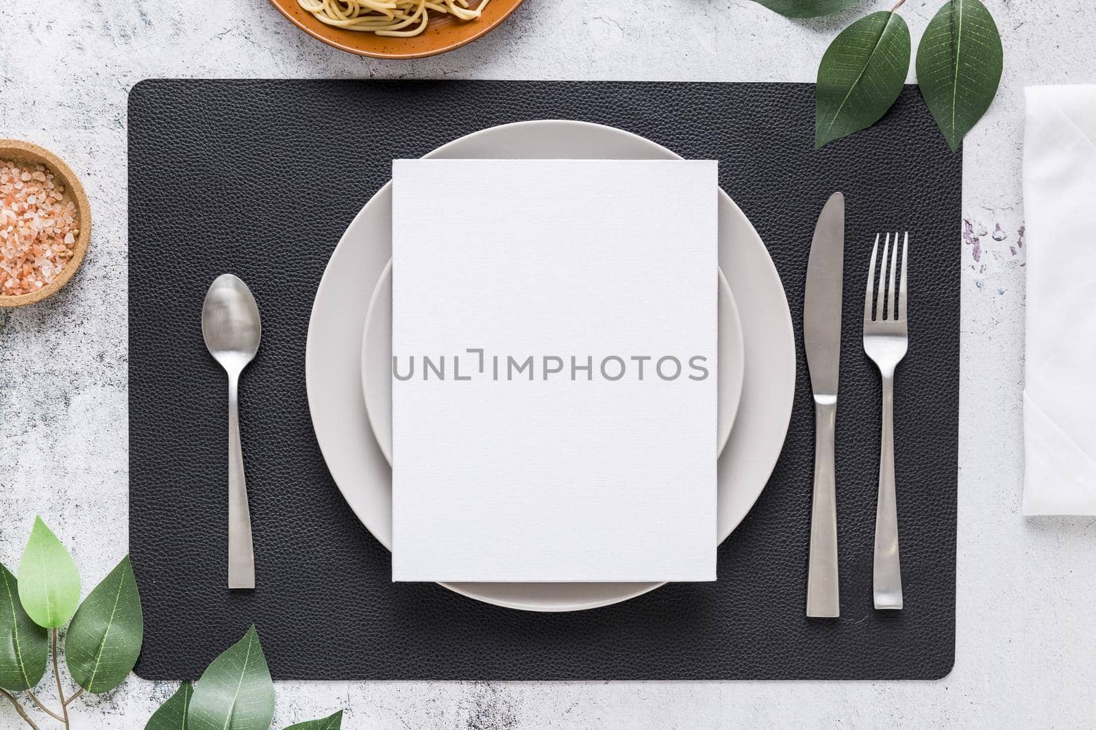 top view blank menu paper plate with cutlery leaves. High quality beautiful photo concept by Zahard