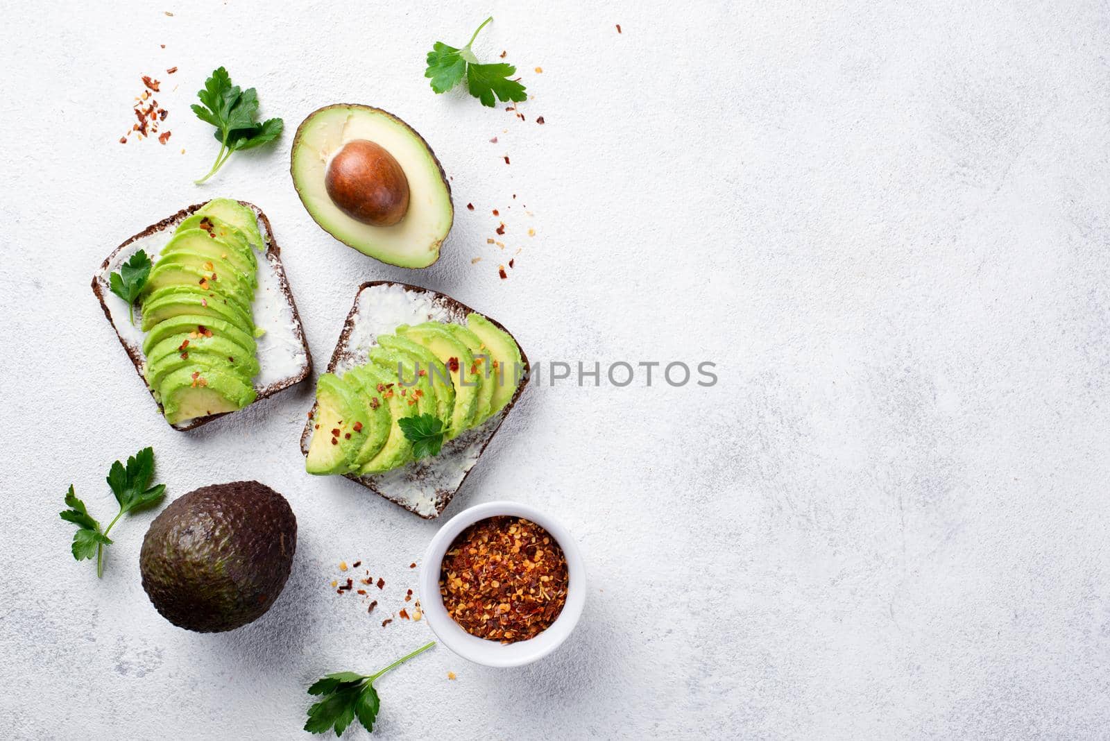 top view avocado toast breakfast with herbs spices. Resolution and high quality beautiful photo