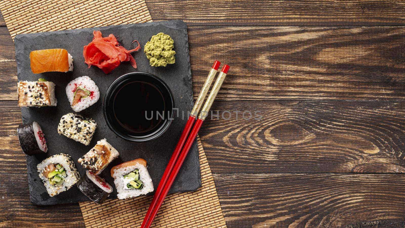 flat lay mix maki sushi rolls chopsticks with copy space. Resolution and high quality beautiful photo