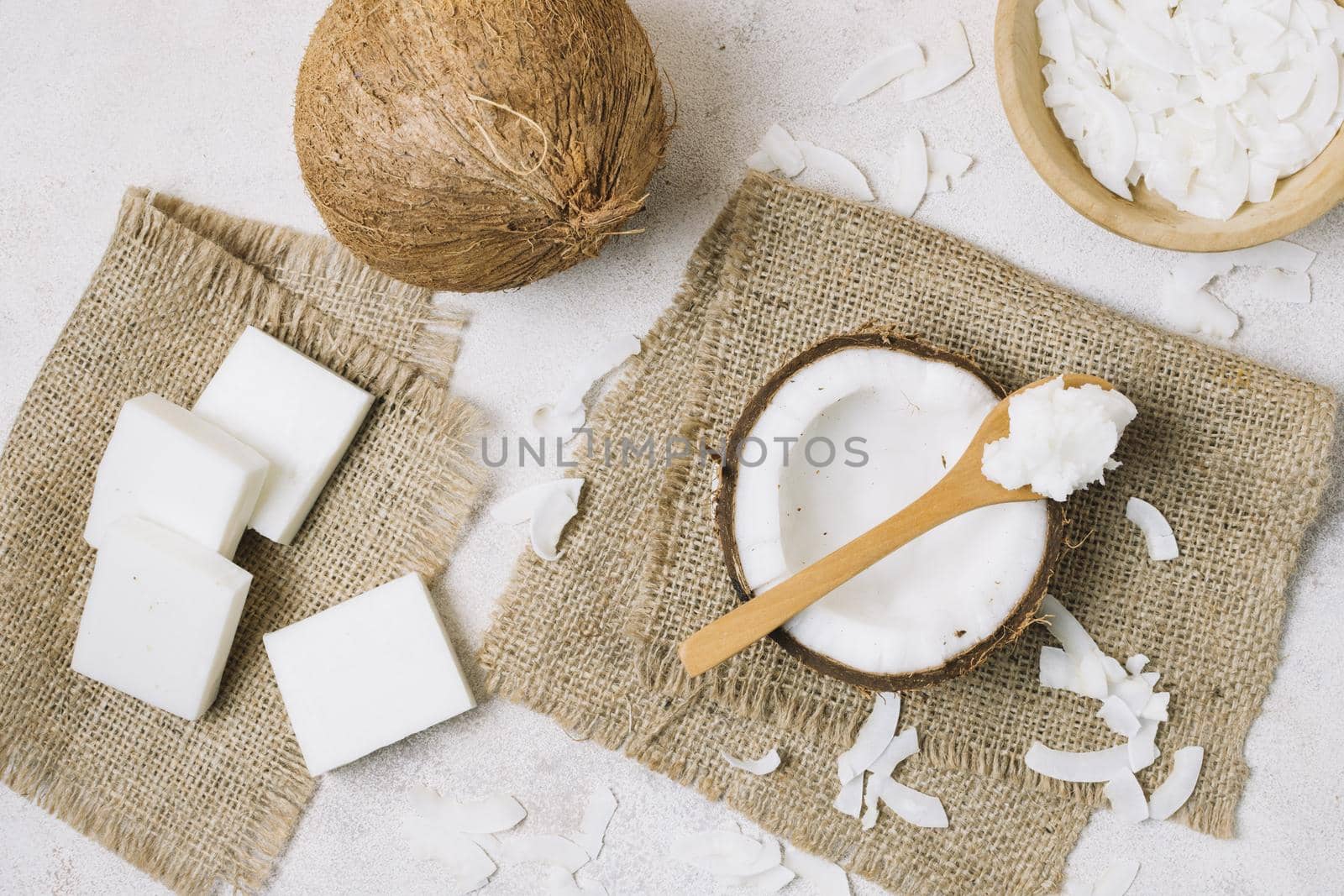 top view coconut products sackcloth. High quality beautiful photo concept by Zahard