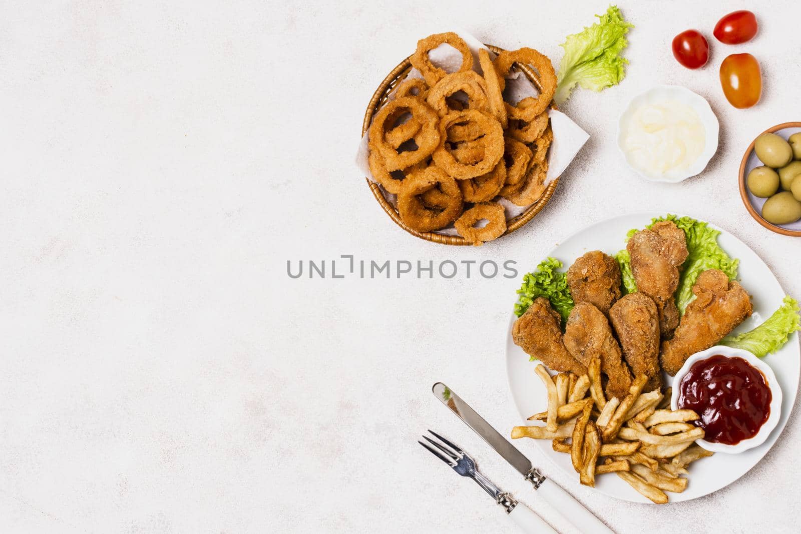 fried chicken with fries copy space. High quality beautiful photo concept by Zahard