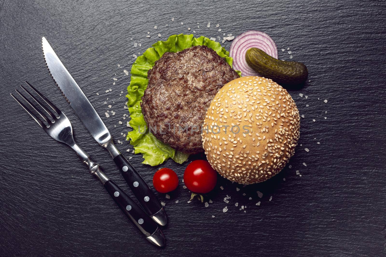 top view burger ingredients slate background. High quality beautiful photo concept by Zahard