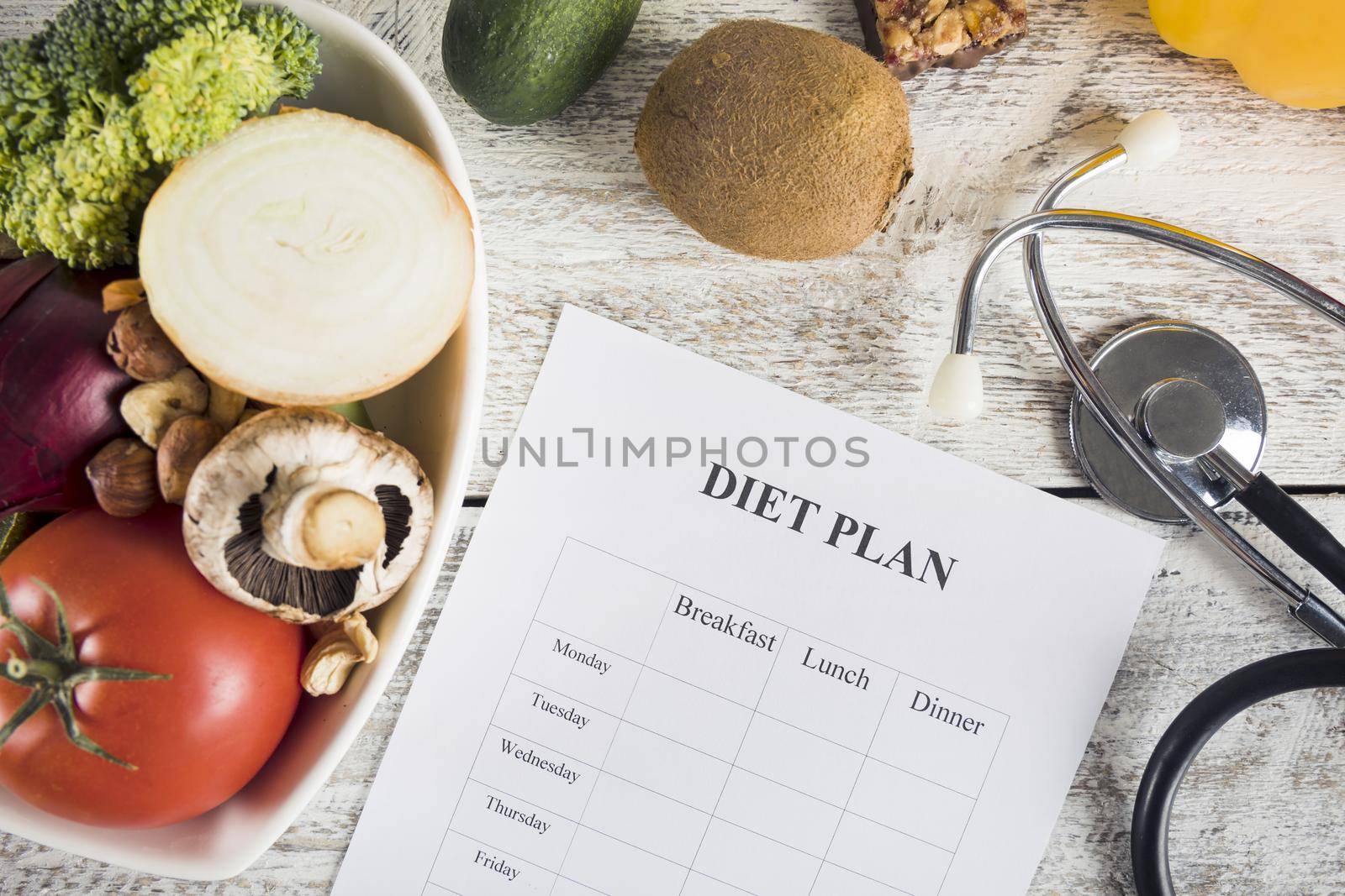 diet plan with vegetables stethoscope wooden desk. High quality beautiful photo concept by Zahard