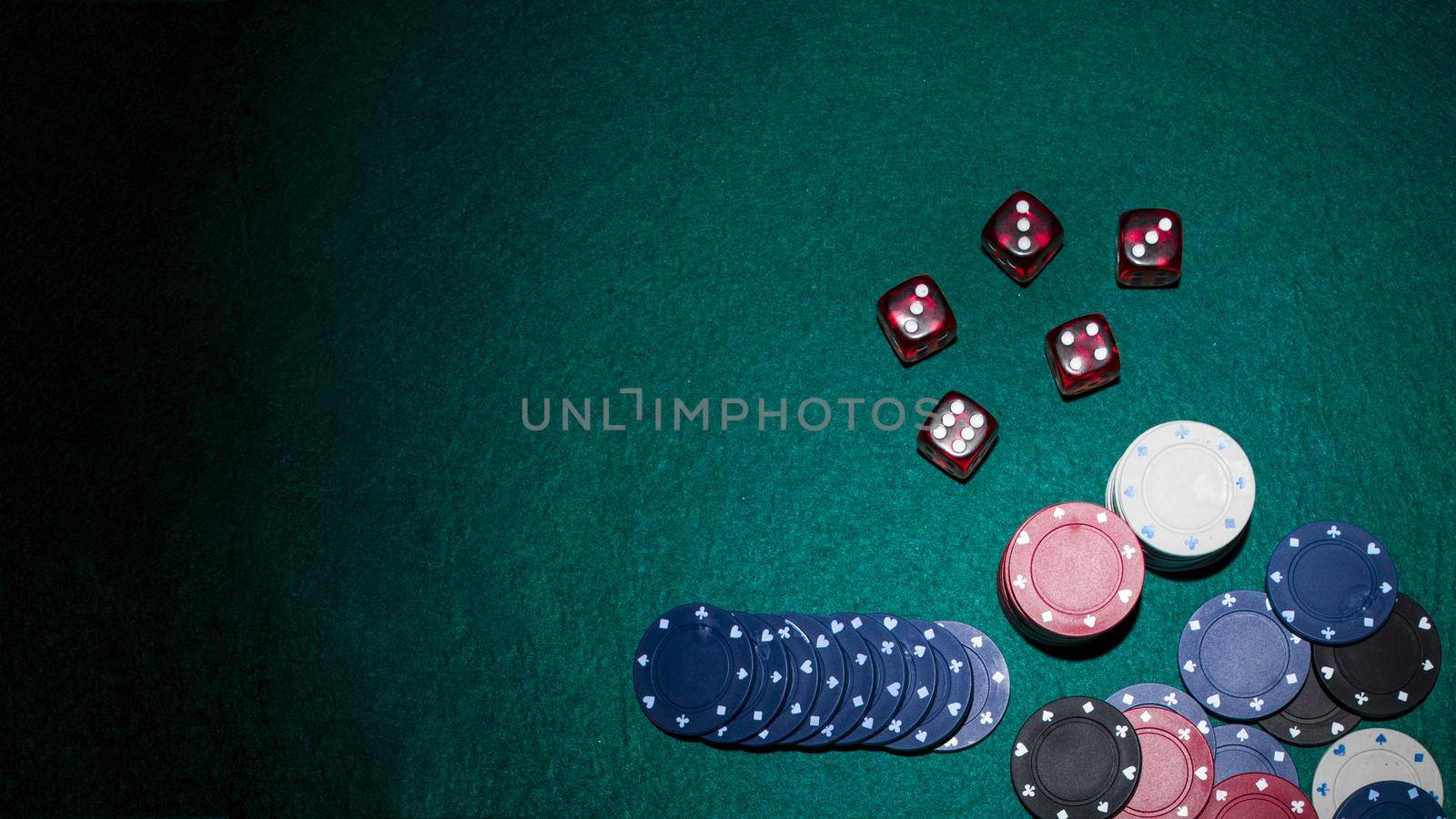 red dices casino chips green poker table. High quality beautiful photo concept by Zahard