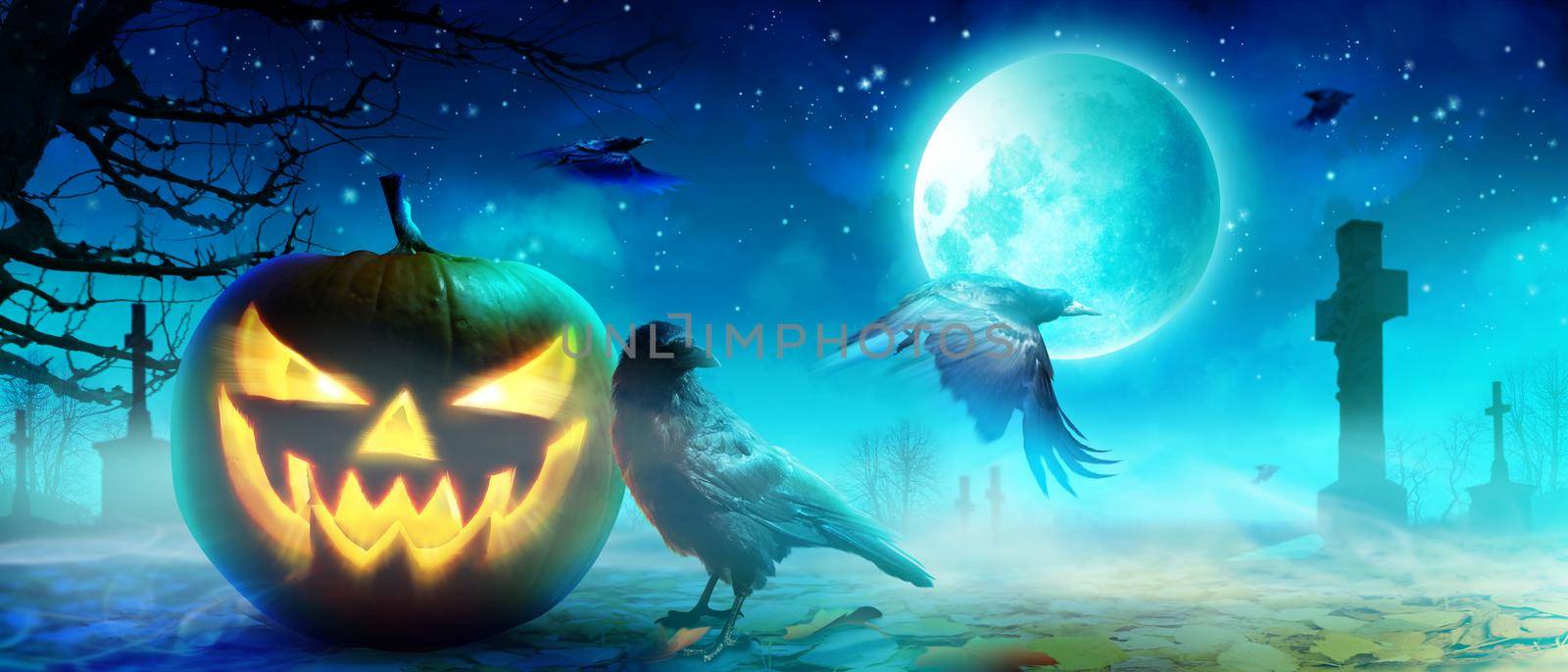 Halloween background with raven in a spooky night.