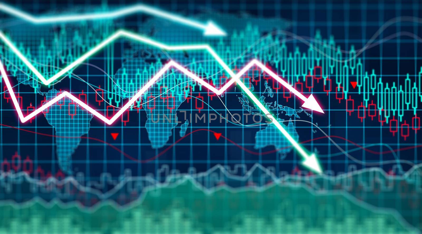 Graphs representing the stock market crash. 3d illustration