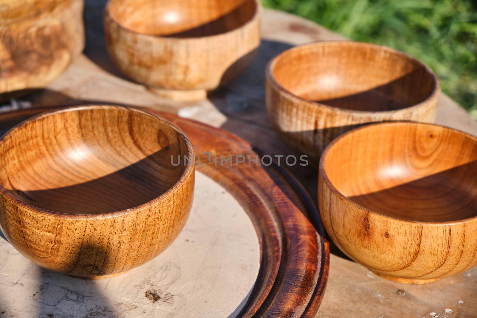 Wooden dishes on the table on the background of nature, Kazakhstan