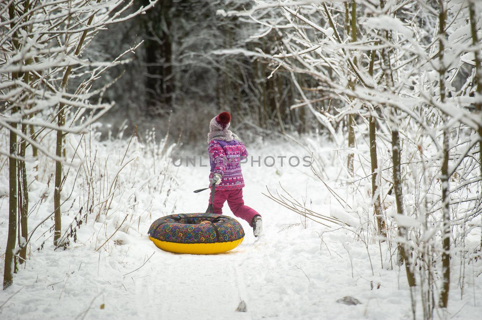 a little girl in winter in purple clothes and an inflatable circle walks on the street in a snow-covered forest.