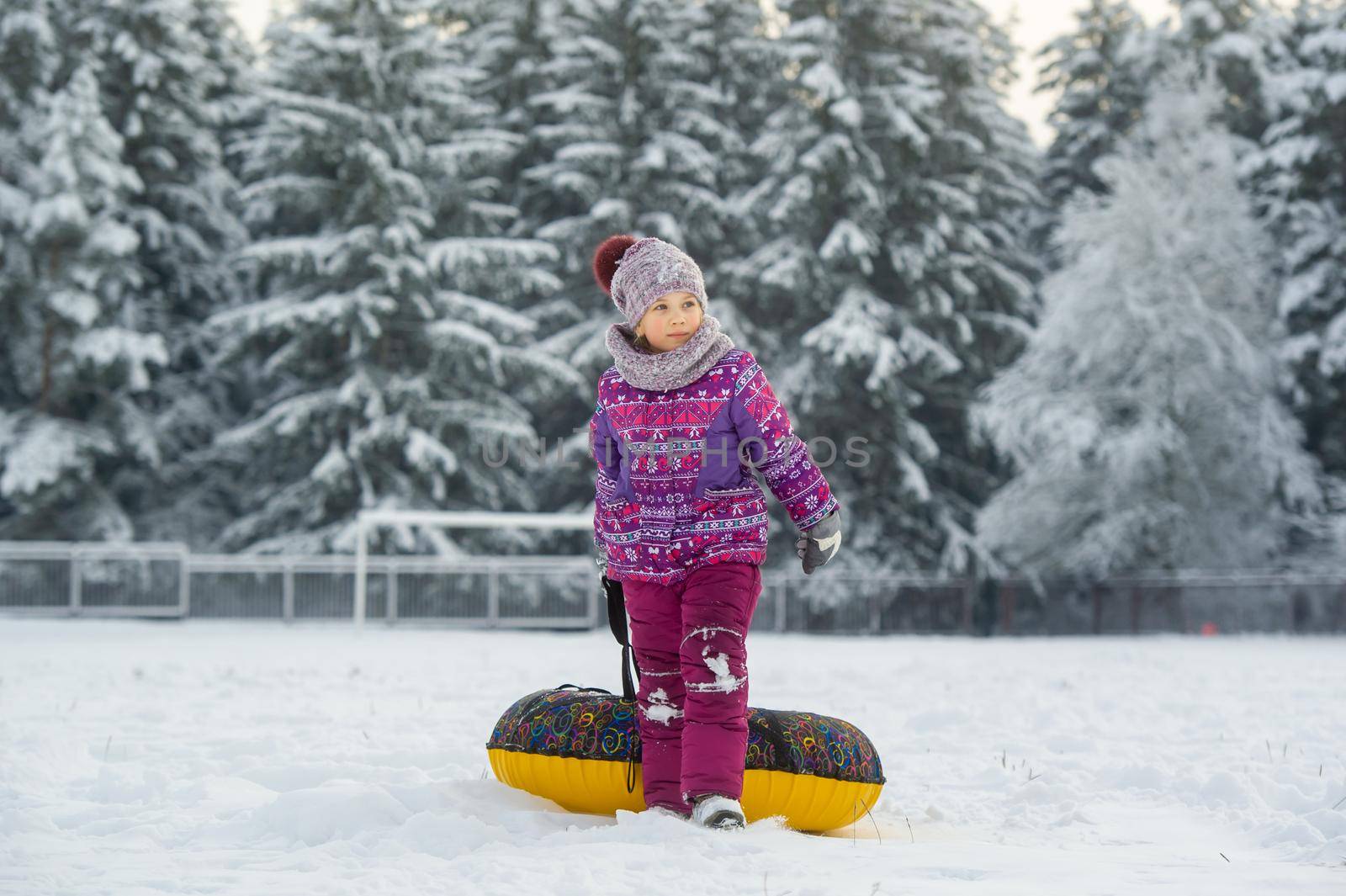 a little girl in winter in purple clothes and an inflatable circle walks on the street in a snow-covered forest by Lobachad