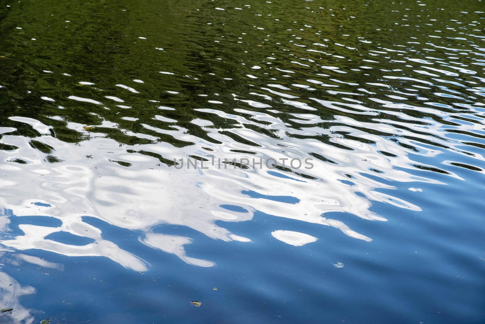 Abstract rippled water surface reflects blue sky green trees clouds by marysalen