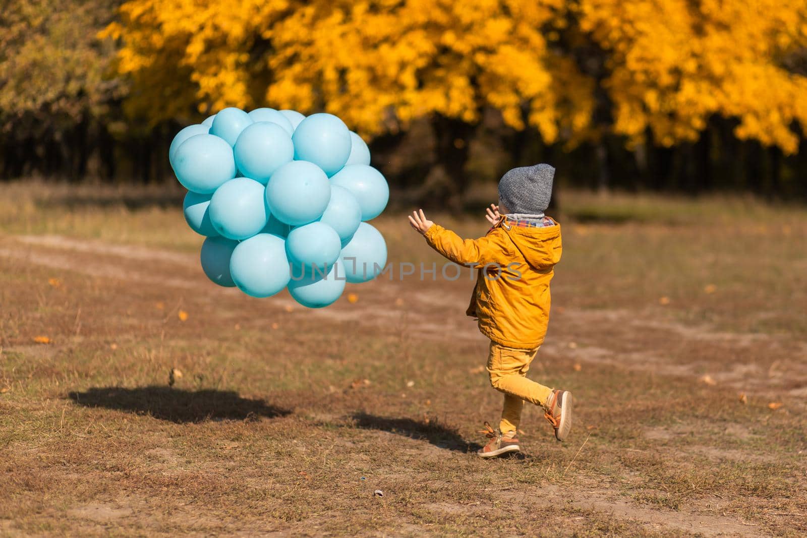 A little boy with an armful of balloons walks in the autumn park. Yellow trees and blue balls. Stylish child.