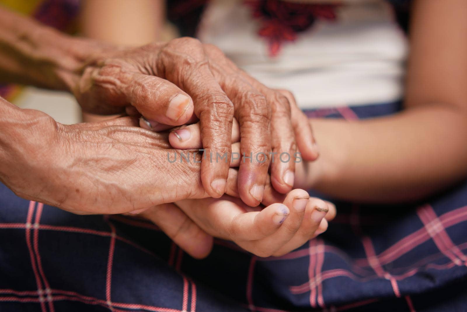 close up of child hand holding senior women's hand .